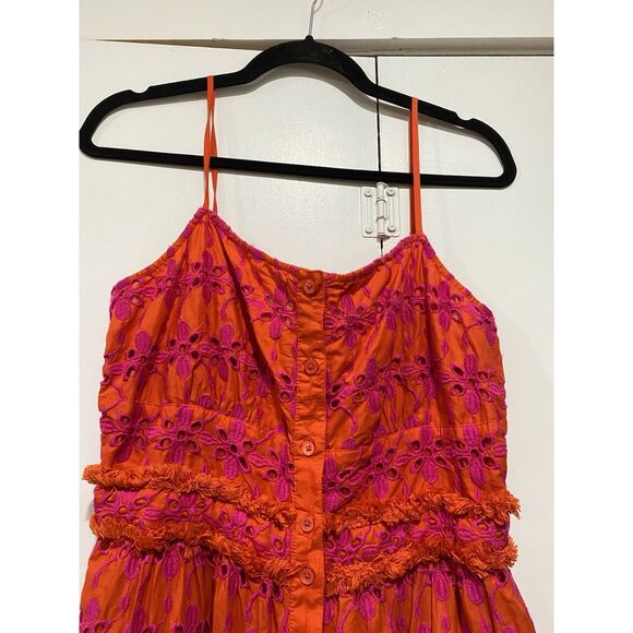 J Crew Sundress Sz 6 Tiered Eyelet Button Front   Orange Purple Spaghetti Straps - Picture 3 of 16